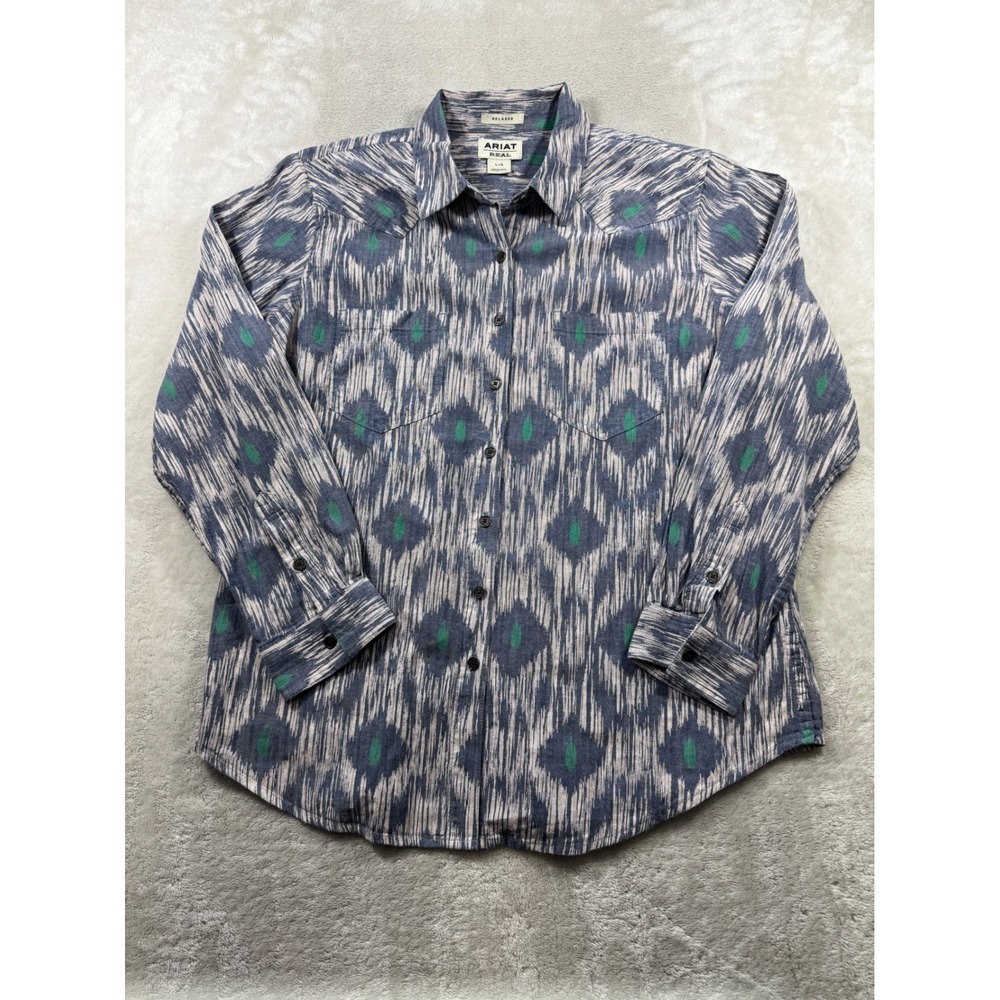 Ariat Womens Real Relaxed Ikat Western Long Sleeve Blue Button Up Shirt Size L